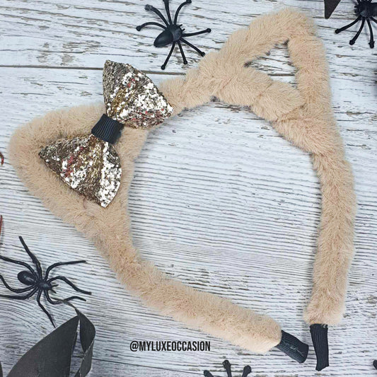 Cat Ear Headbands with Bow - Halloween - Beige Cat Ears with Gold Glitter Bow