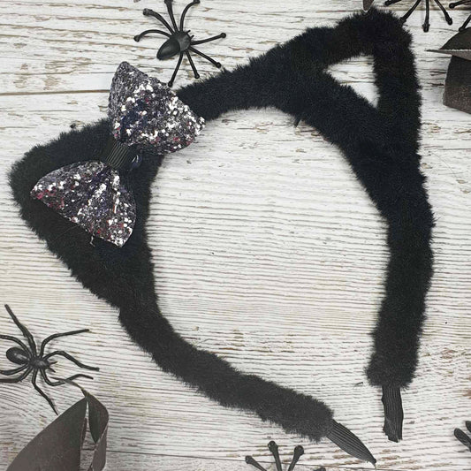 Cat Ear Headbands with Bow - Halloween - Black with Grey Glitter Bow