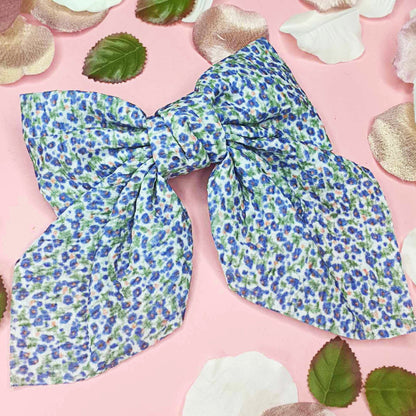 Light Blue Floral Bow with Barrette Clip