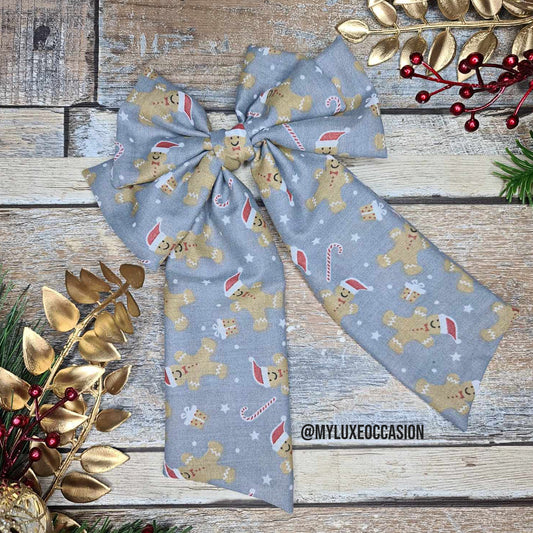 Christmas Gingerbread Man - Silver - Fabric Bow - Christmas