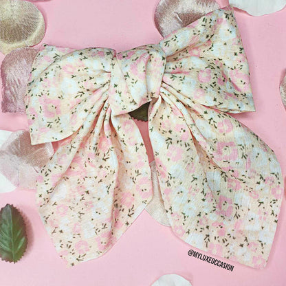 Cream Ditsy Bow with Barrette Clip