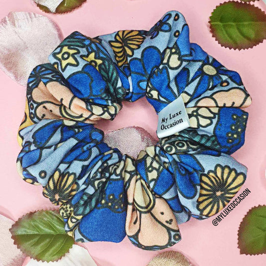 Flower Power 70's Vibe Floral Scrunchie - Retro Blue