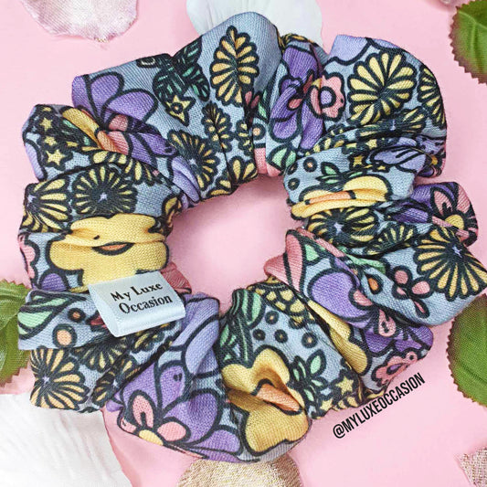 Flower Power 70's Vibe Floral Scrunchie - Retro Purple