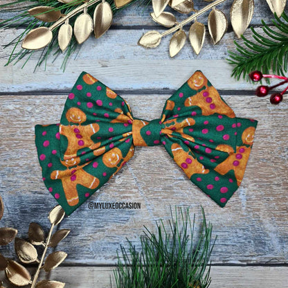 Gingerbread Man - Green - Fabric Bow - Christmas - 2 Options