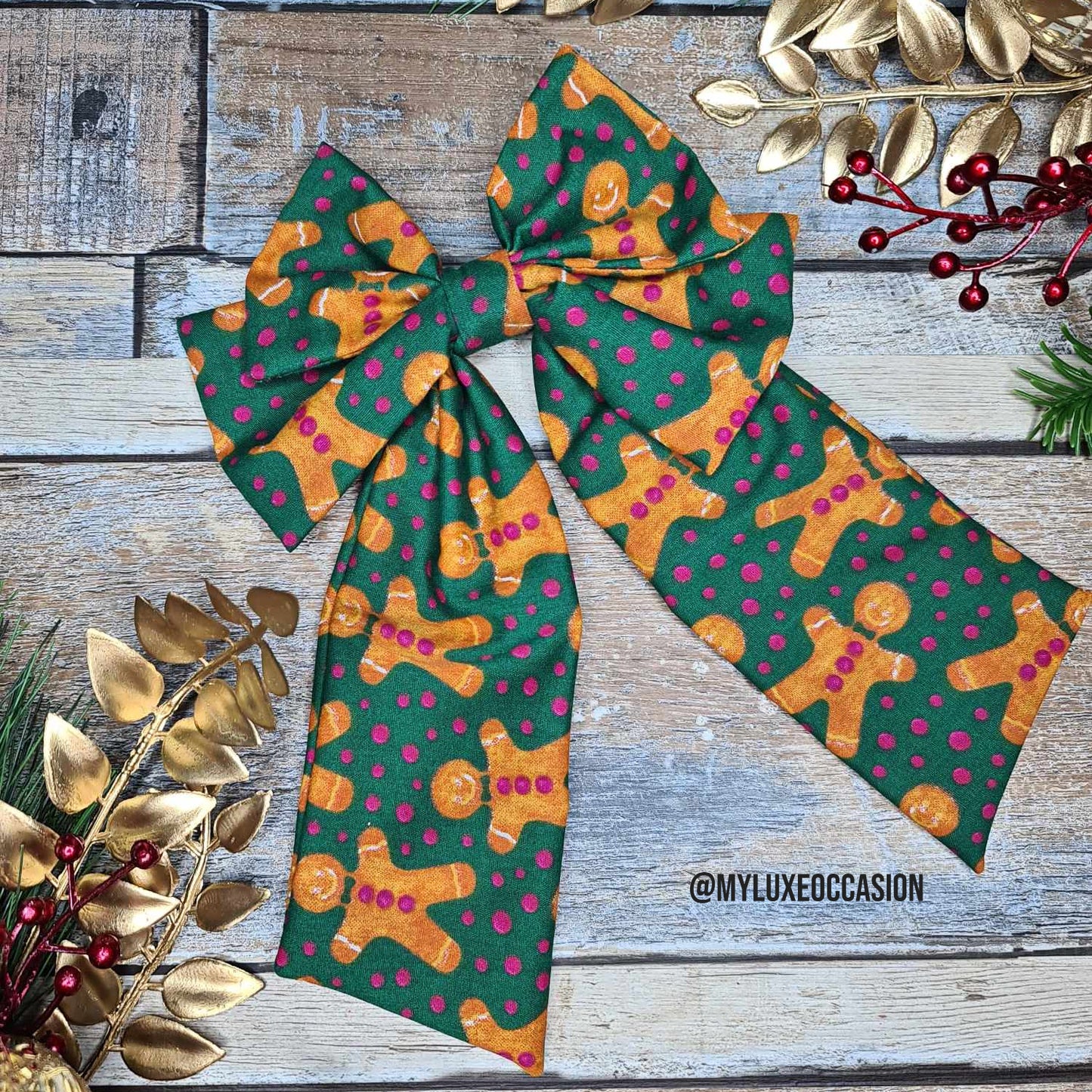 Gingerbread Man - Green - Fabric Bow - Christmas - 2 Options