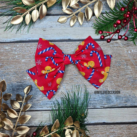 Gingerbread Man and Candy Canes - Red - Fabric Bow - Christmas