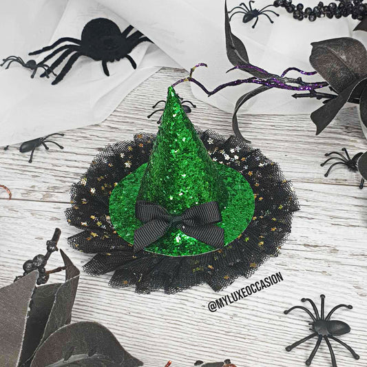 Witch Hat - Green Glitter with Black Tulle - Halloween