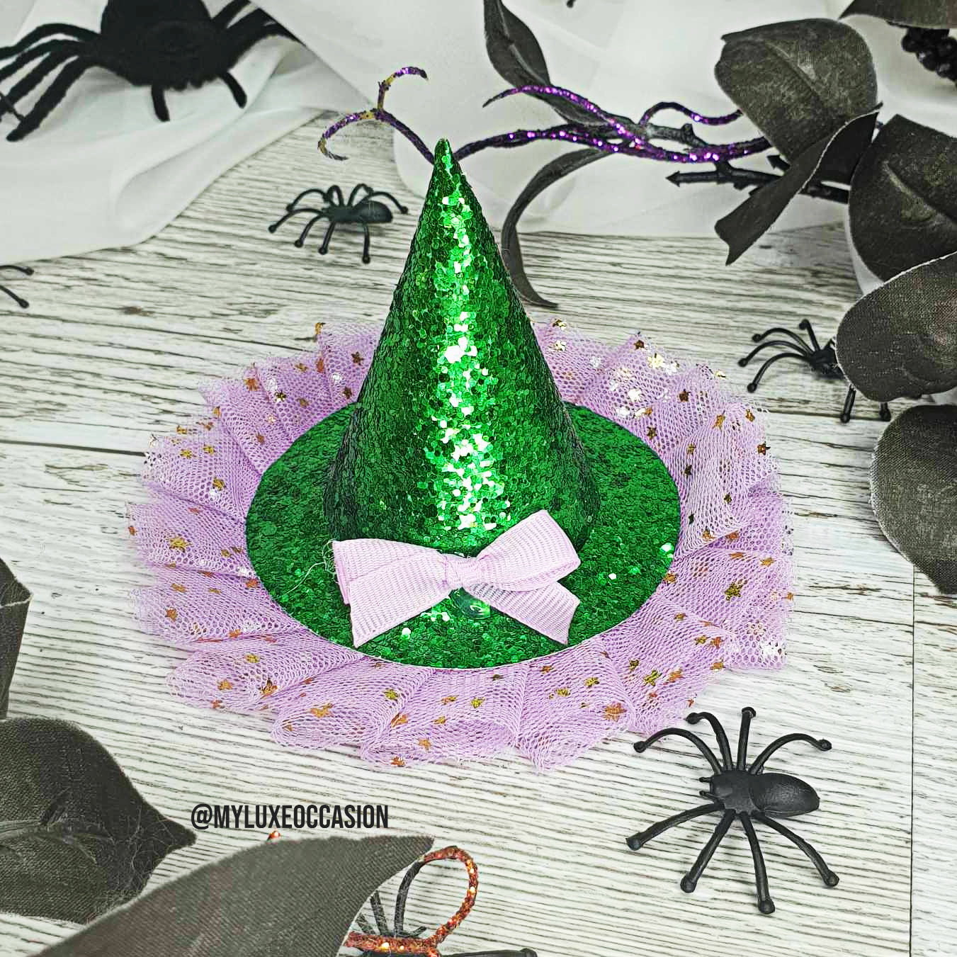 Witch Hat - Green Glitter with Purple Tulle - Halloween