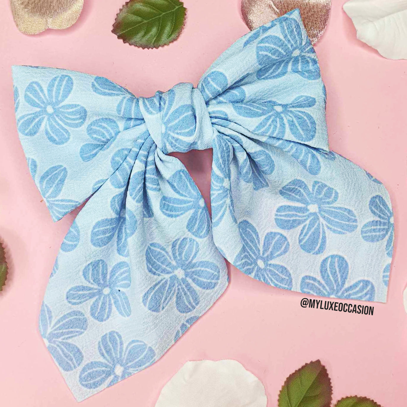 Blue and White Ditsy Bow with Barrette Clip