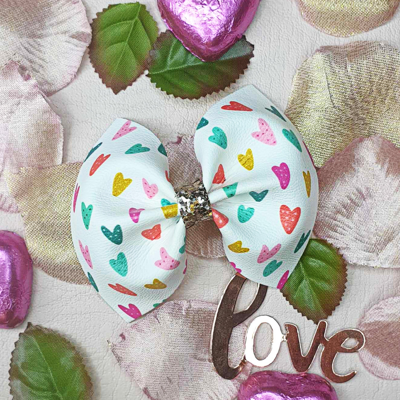 Rainbow Doodle Hearts Pinch Bow - Valentines