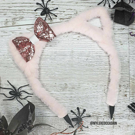 Cat Ear Headbands with Bow - Halloween - Pink Cat Ears with Pink Glitter Bow