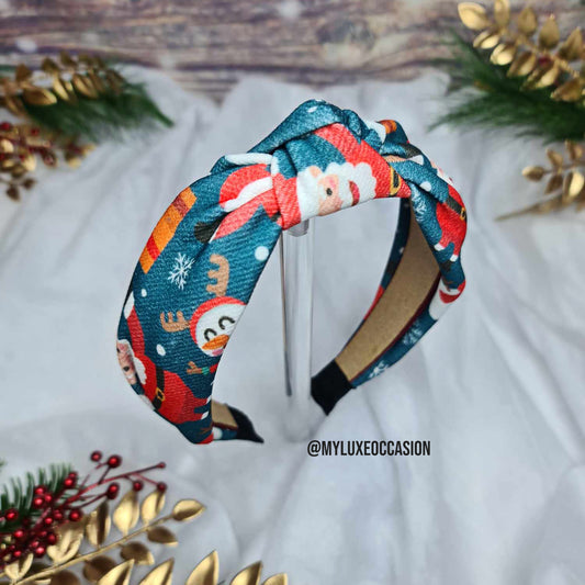 Snowman and Santa Teal Christmas Knot Headband