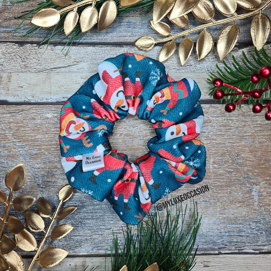 Snowman and Santa Teal Scrunchie - Christmas