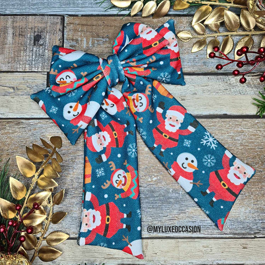 Snowman and Santa Teal Fabric Bow - Christmas