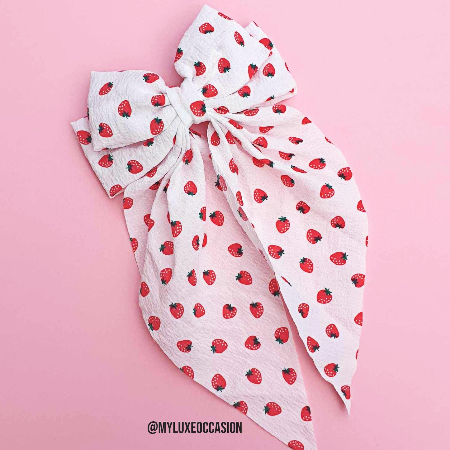 Strawberry Print White Waterfall Bow