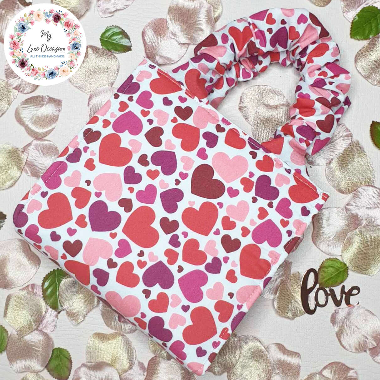 Valentine Scrunchie Bag - Multi Red Hearts