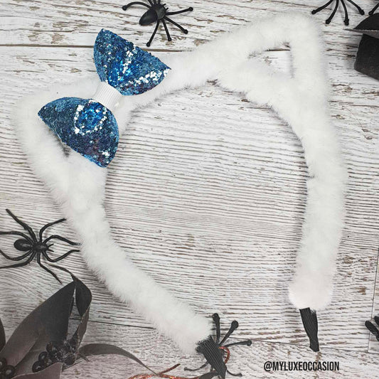 Cat Ear Headbands with Bow - Halloween - White Cat Ears with Blue Glitter Bow