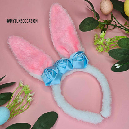 Blue Floral Easter Bunny Ears Headband