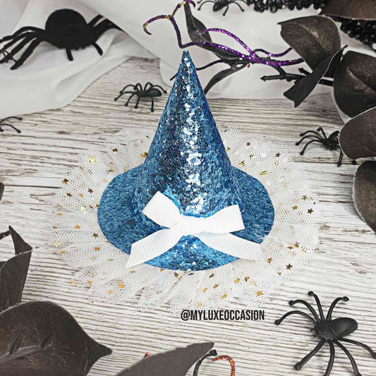 Witch Hat - Blue Glitter with White Tulle - Halloween