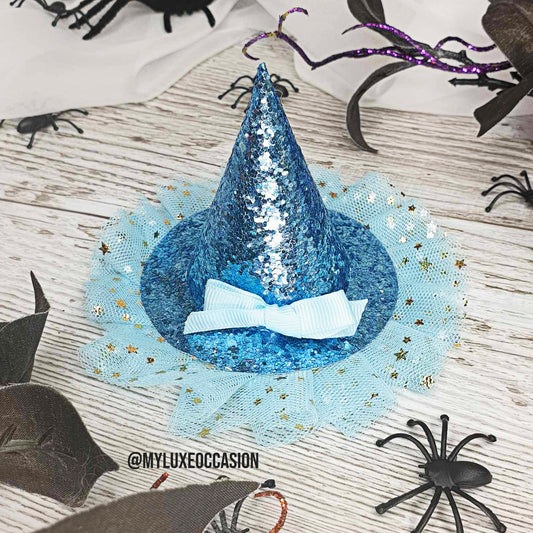 Witch Hat - Blue Glitter with Blue Tulle - Halloween