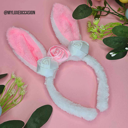 White & Pink Floral Easter Bunny Ears Headband