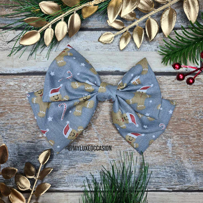 Christmas Gingerbread Man - Silver - Fabric Bow - Christmas - 2 Options