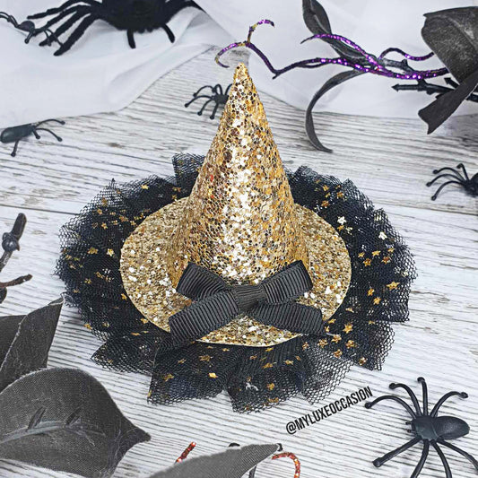 Witch Hat - Gold Glitter with Black Tulle - Halloween