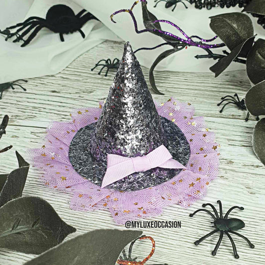 Witch Hat - Grey Glitter with Purple Tulle - Halloween