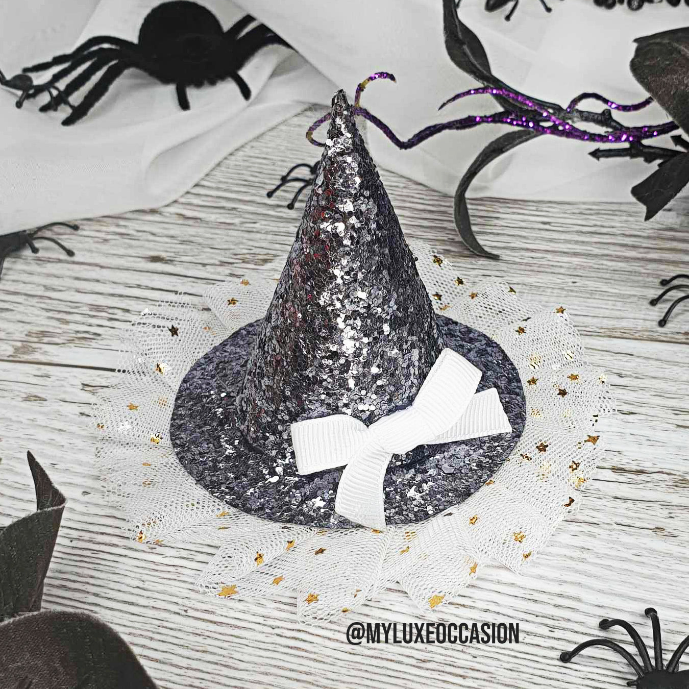 Witch Hat - Grey Glitter with White Tulle - Halloween