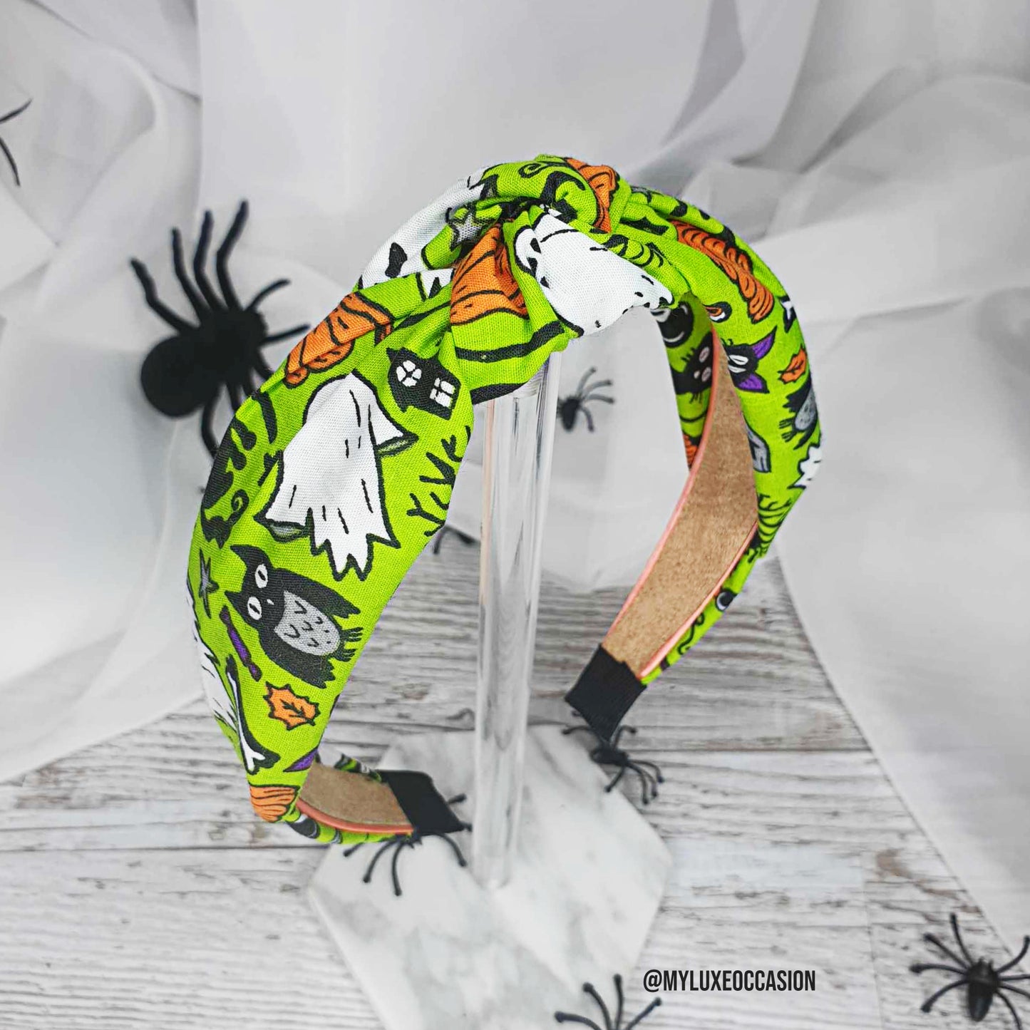 Lime Green Spooky Ghosts & Cats Halloween Knot Headband