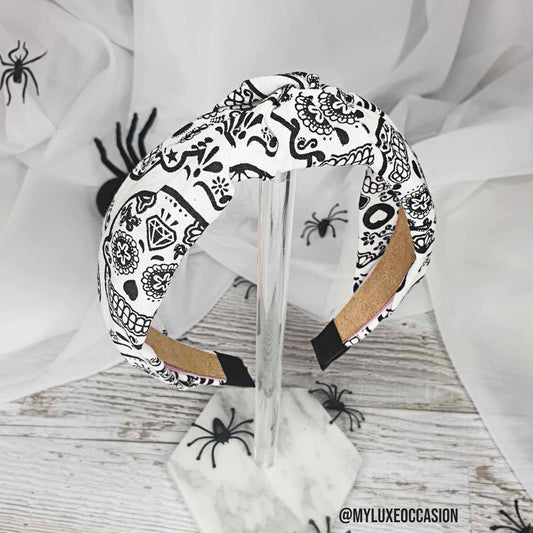 Black and White Sugar Skull Halloween Knot Headband