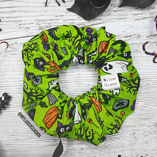 Lime Green Spooky Ghosts & Cats Scrunchie - Halloween Scrunchie