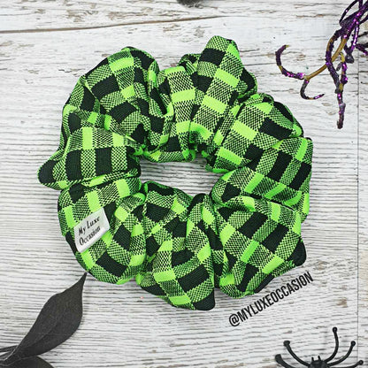 Neon Green Checkered Scrunchie - Halloween