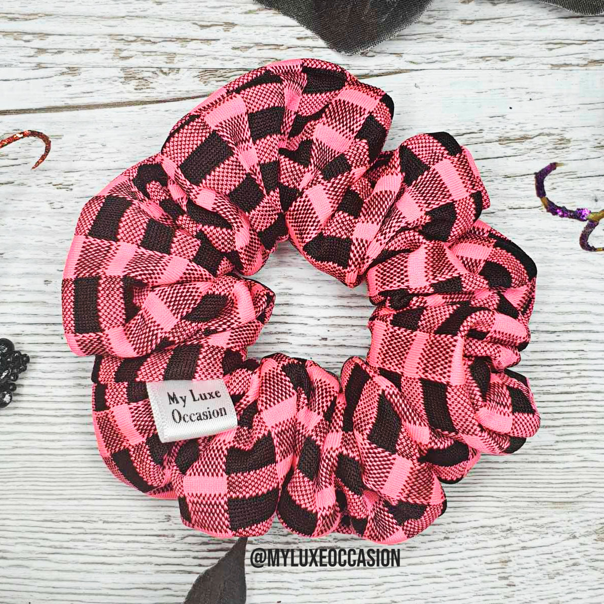 Neon Pink Checkered Scrunchie - Halloween