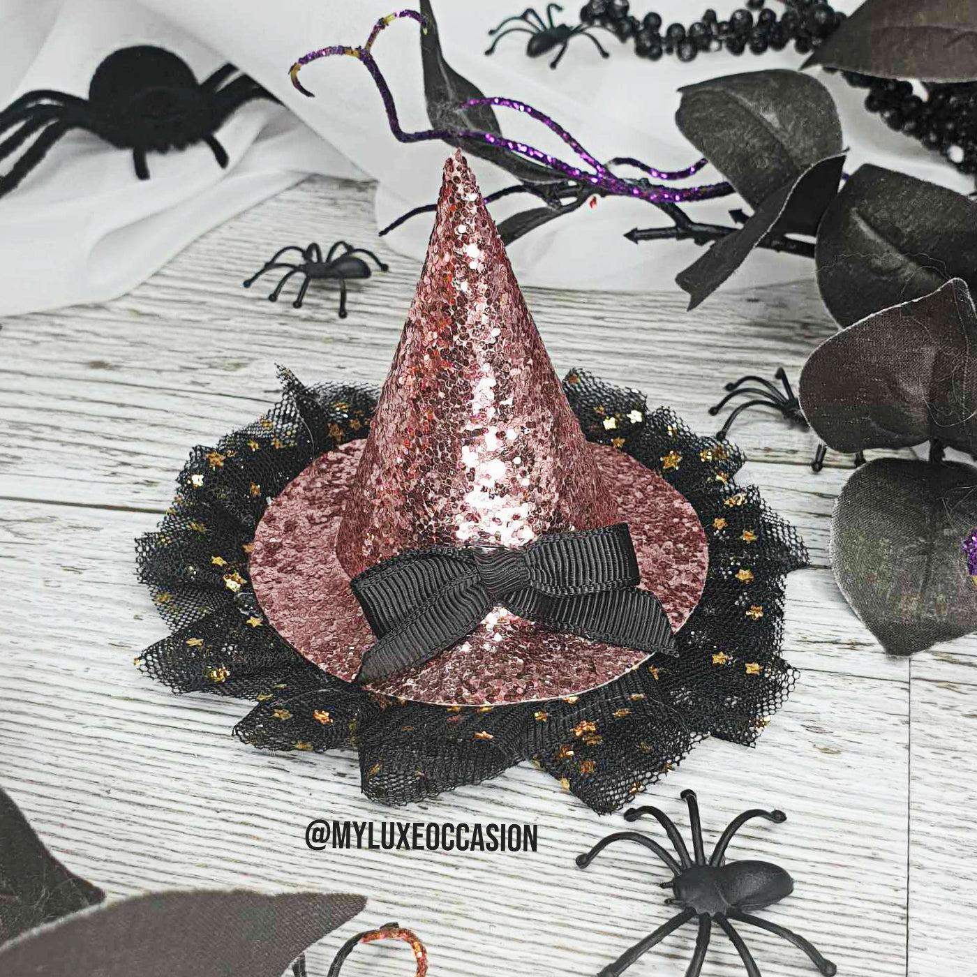 Witch Hat - Pink Glitter with Black Tulle - Halloween