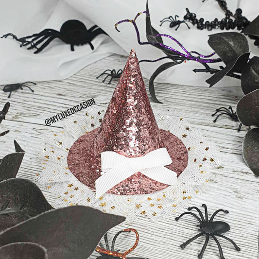 Witch Hat - Pink Glitter with White Tulle - Halloween