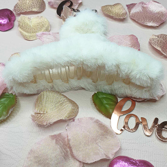 White Large Plush Hair Claw Clip