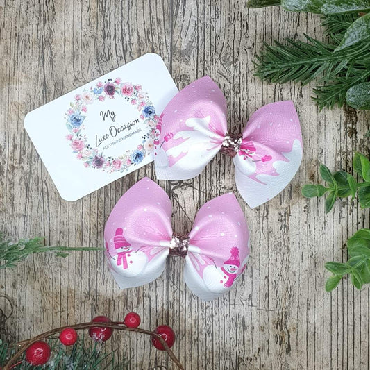 Snow Cute Pink Snowman Pinch Bow - Christmas