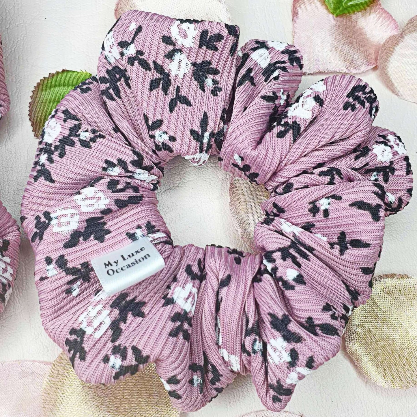 Pink and Black Floral Ribbed Scrunchie handmade by myluxeoccasion