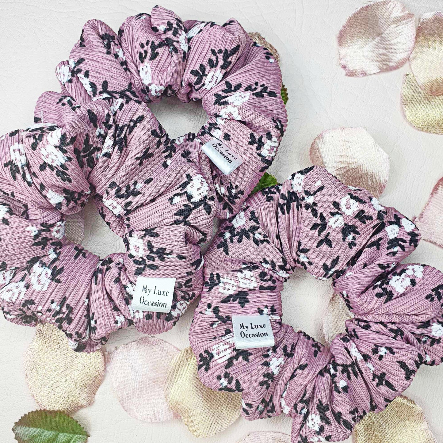 Pink and Black Floral Ribbed Scrunchie handmade by myluxeoccasion