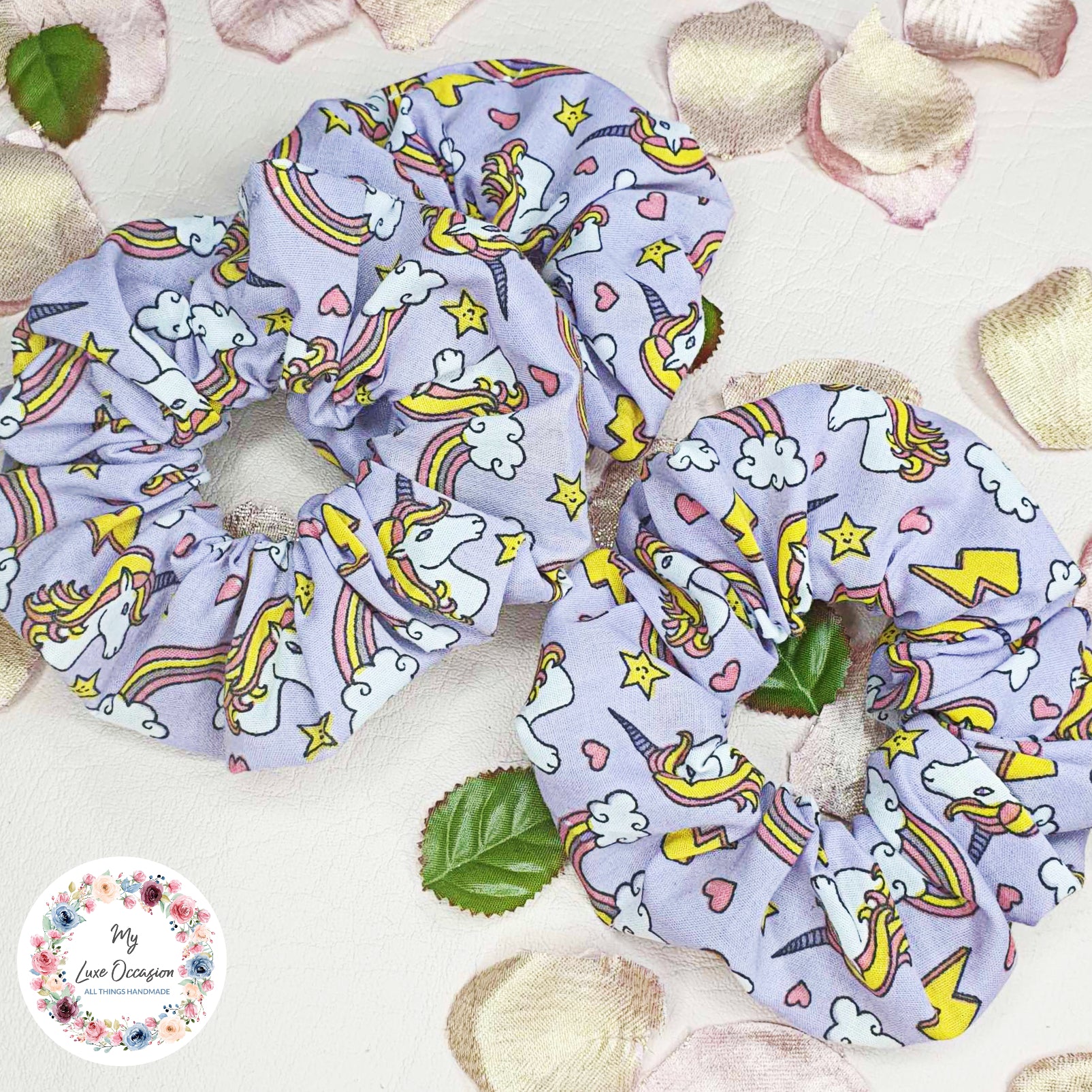 Experience the magic with our handcrafted Purple Unicorn Scrunchie from myluxeoccasion!