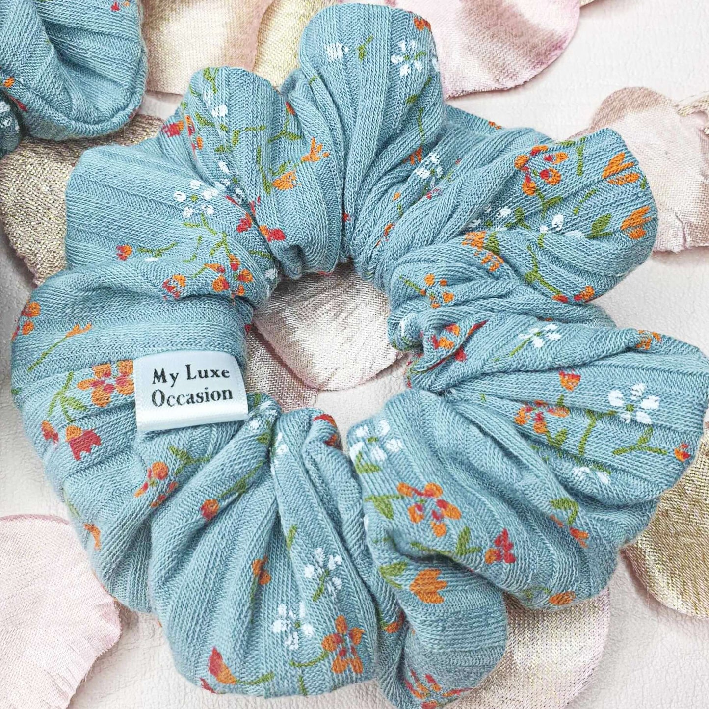 Floral Blue Ribbed Scrunchie