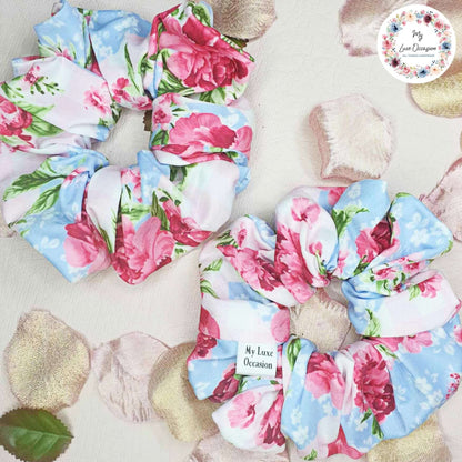 Blue and Pink Summer Flowers Scrunchie