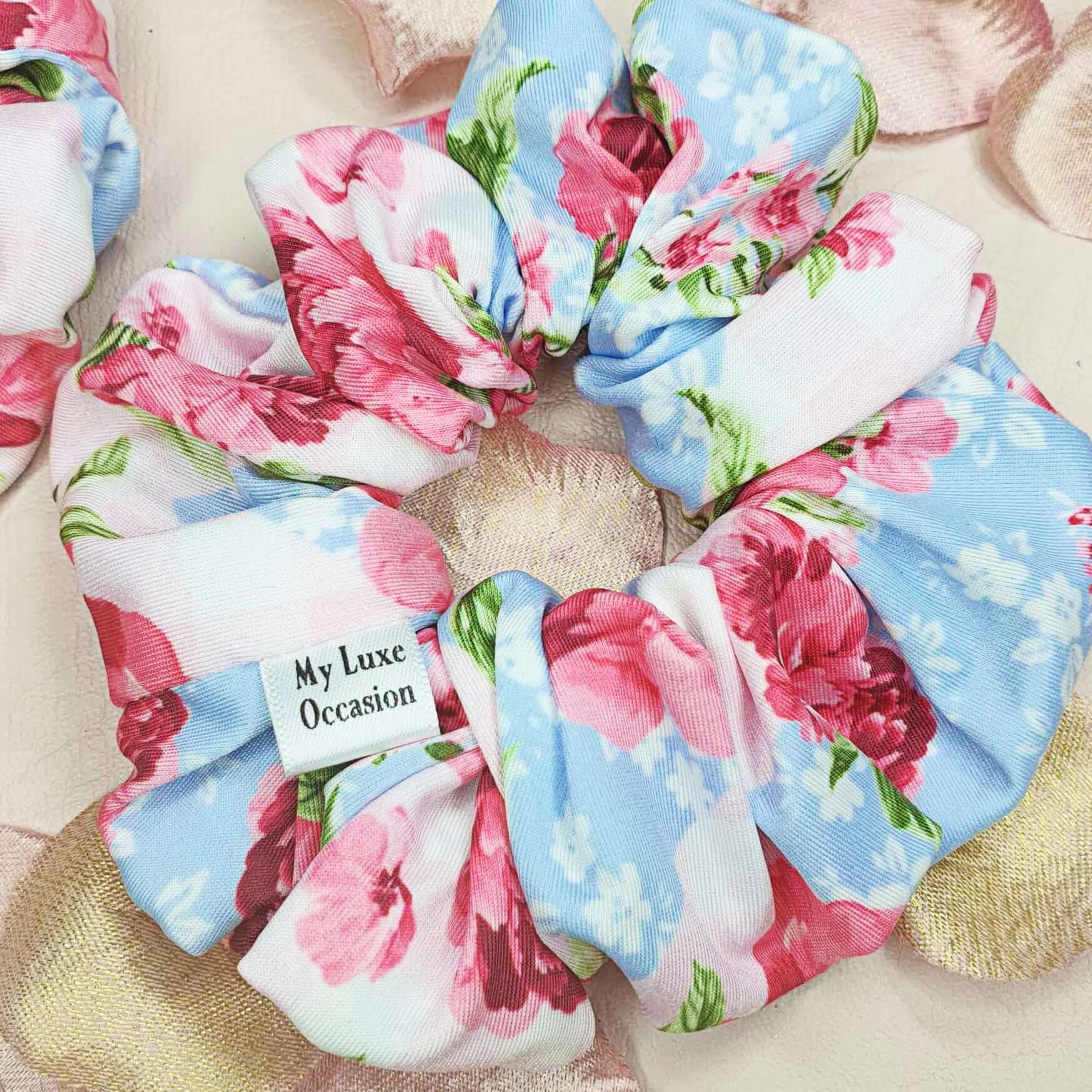 Blue and Pink Summer Flowers Scrunchie handmade by myluxeoccasion