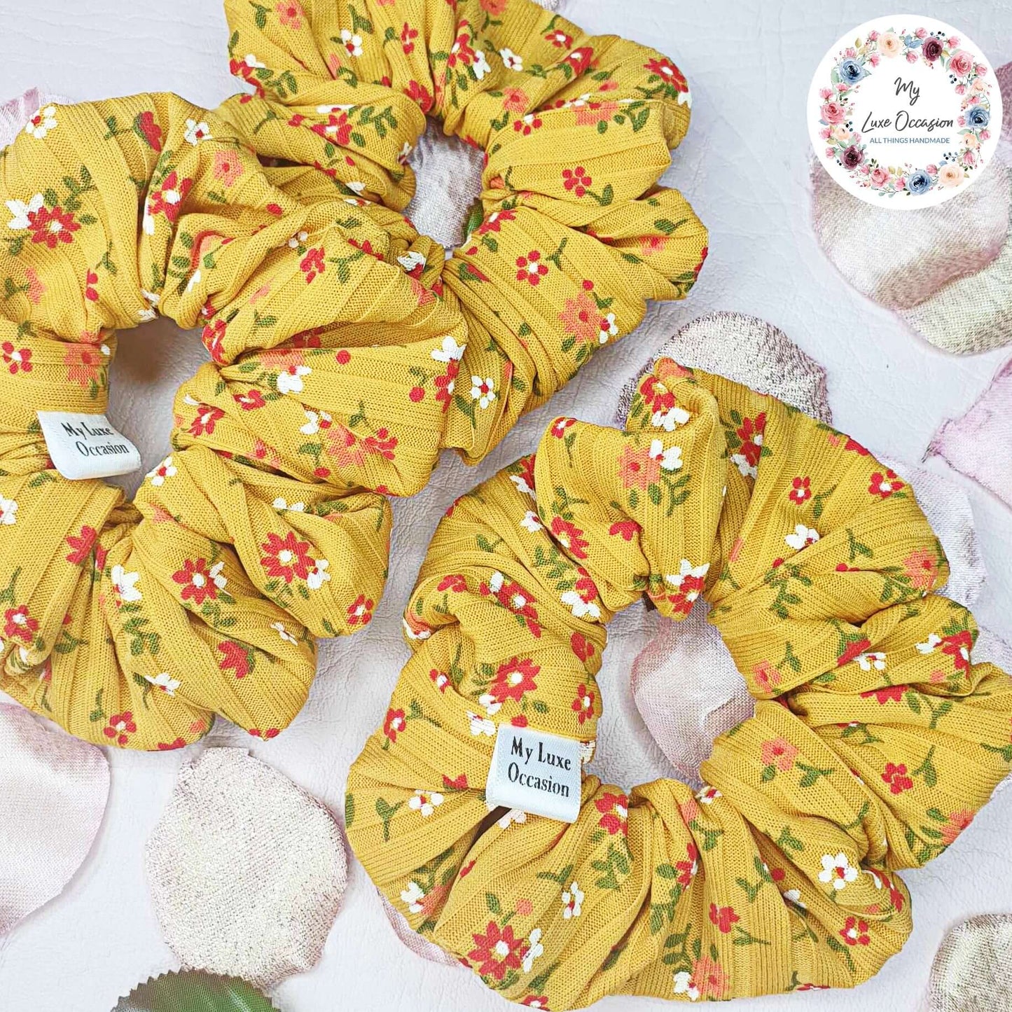 Mustard Floral Ribbed Scrunchie