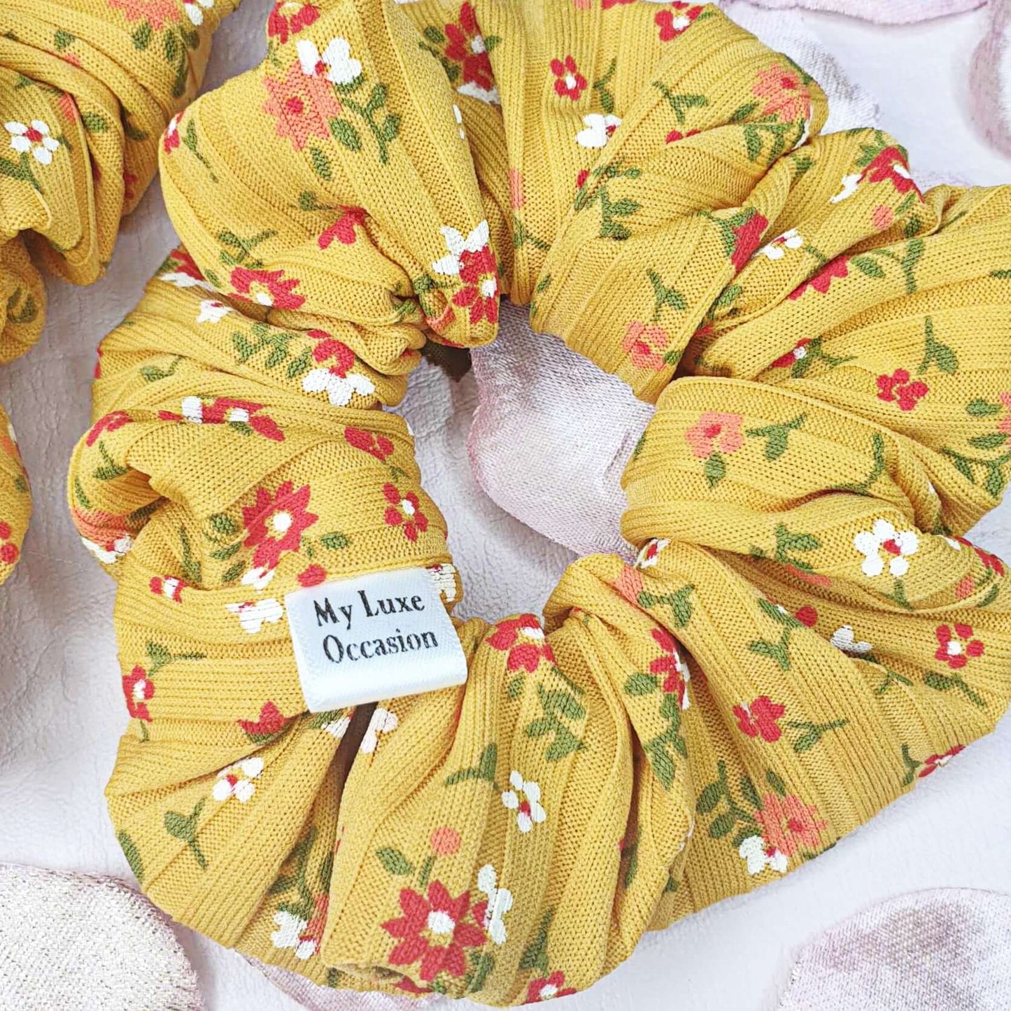 Mustard Floral Ribbed Scrunchie