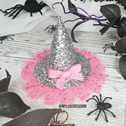 Witch Hat - Silver Glitter with Pink Tulle - Halloween