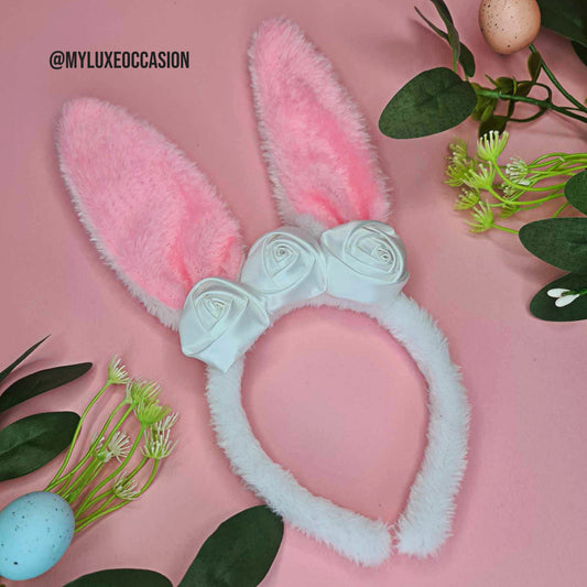 White Floral Easter Bunny Ears Headband