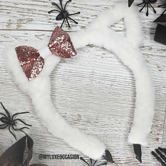 Cat Ear Headbands with Bow - Halloween - White Cat Ears with Pink Glitter Bow